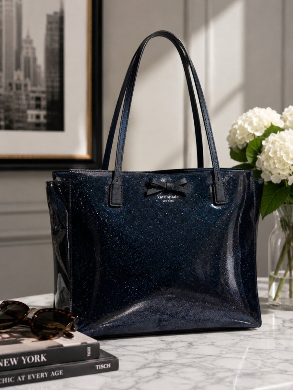 Kate Spade Navy Glitter Tote Bag Set - Mavis Street Taden EUC + Pouch NWT